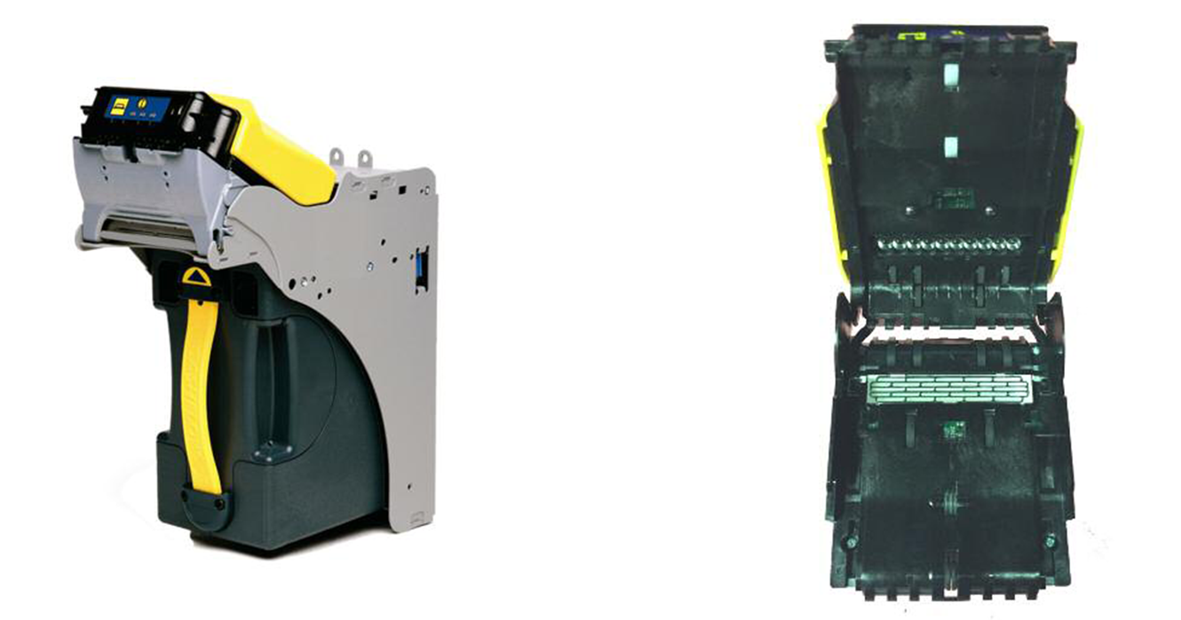 A typical banknote validator SCR from CPI. Open wide and look! No magnetic sensors in the note path that can lead to jams and failures