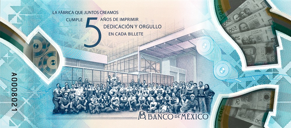 The reverse side of the Jalisco note with the workers illustrated in front of the print works.